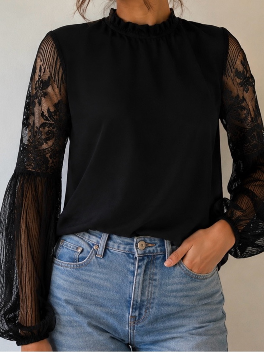 Black Lace Balloon Sleeve Blouse | Sheer Romantic Mock Neck Top | Size M